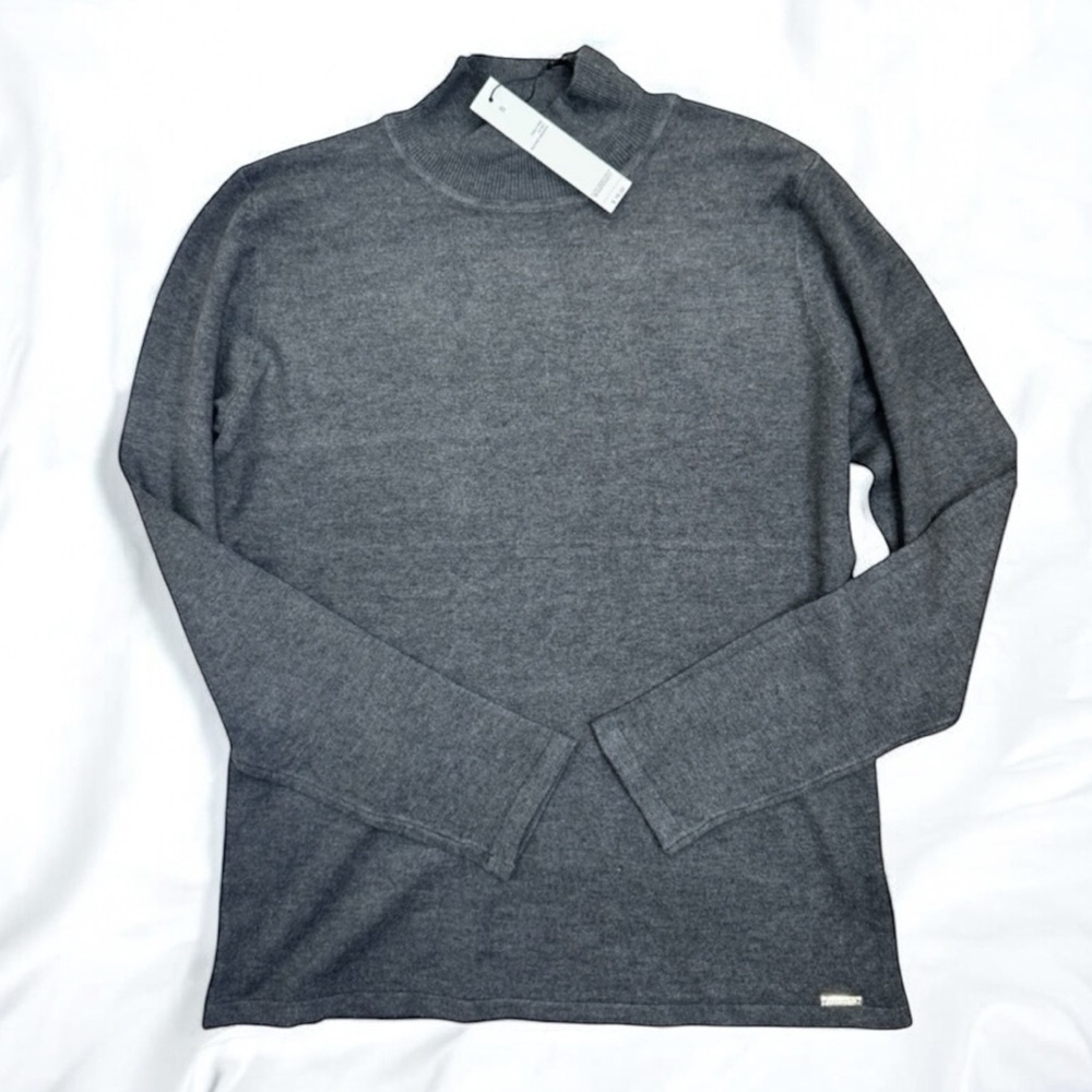 T Tahari Womens Mock Neck Sweater Top Size L Dark Grey Soft Knit Metallic Logo